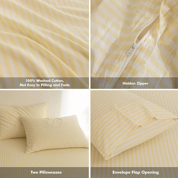 FOSSA Striped Duvet Cover Set 100% Washed Cotton Linen Feel Super Soft Breathable Cozy 3 Pieces Bedding Sets Pastel Yellow Classic Stripes King