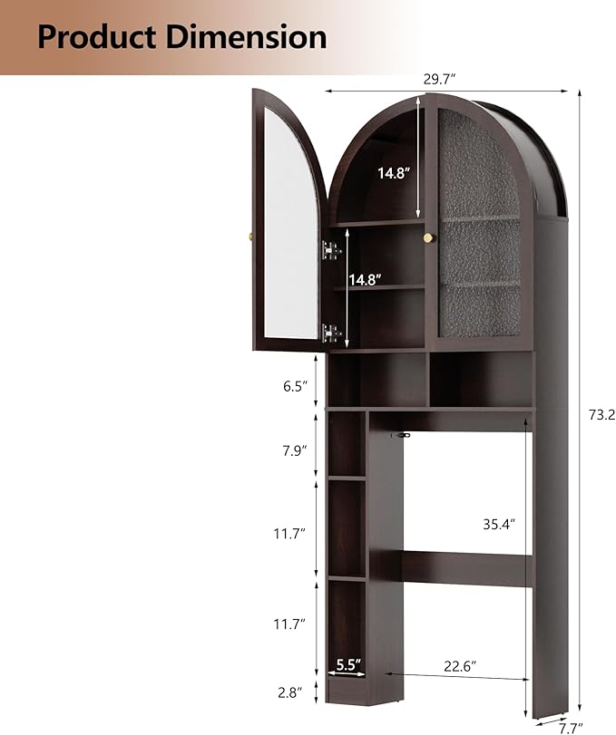 Over The Toilet Storage Cabinet, 29.7”W Modern Storage Cabinet Over Toilet with Acrylic Doors, Arched Freestanding Over Toilet Rack with Adjustable Shelf for Bathroom, Espresso