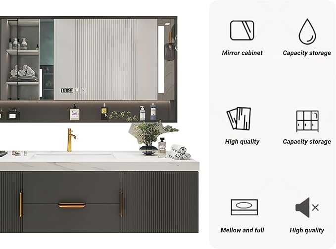 Bathroom Vanity with Double Sink, Modern Bathroom Vanities Compo Includes LED Smart Defogging Mirror Cabinet and Open Shelf, Solid Wood Bathroom Sink Vanity with Slate Countertop (Dark Grey,92")