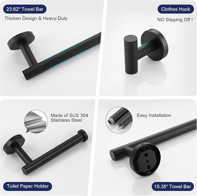 5 Pieces Matte Black Bathroom Hardware Set, 23.6-inch+15.35-inch Bathroom Towel bar SUS304 Stainless Steel Bathroom Towel Bar Set