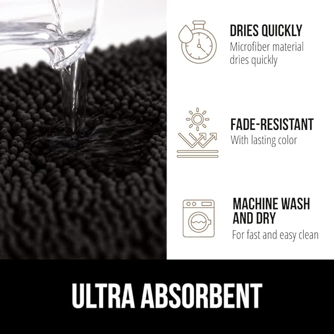 GORILLA GRIP Bath Rug Mat 60x17, Thick Soft Absorbent Chenille, Quick Dry Microfiber Mats, Rubber Backing Washable Shower Floor Rugs, Bathmat Runner, US Designed Bathroom Home Decor Accessories Black