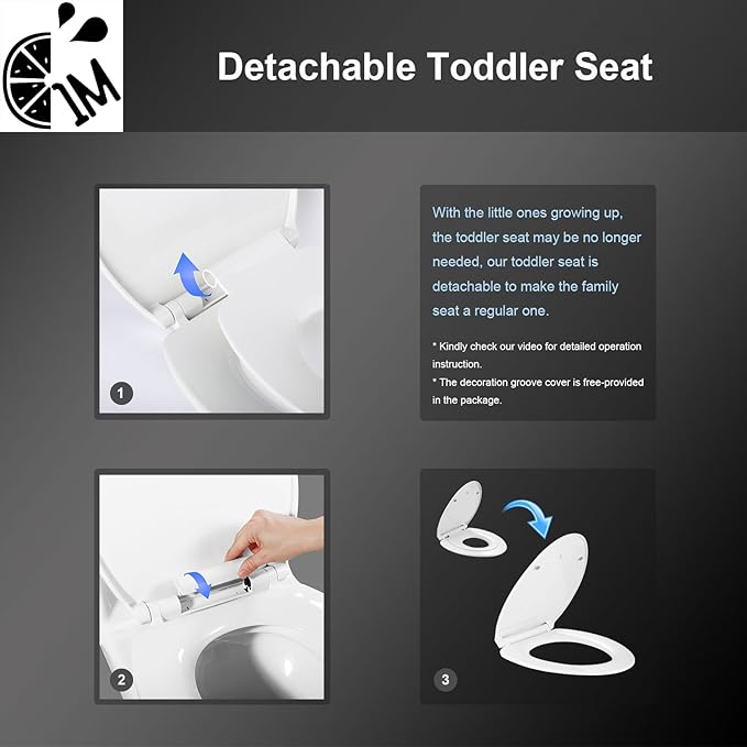 1M Family Toilet Seat, Patented Slow Close & Quick Releasing Technology, Anti-Wiggling, Easy to Install and Clean, Standard Elongated with Toddler Seat Built In (1 Piece)