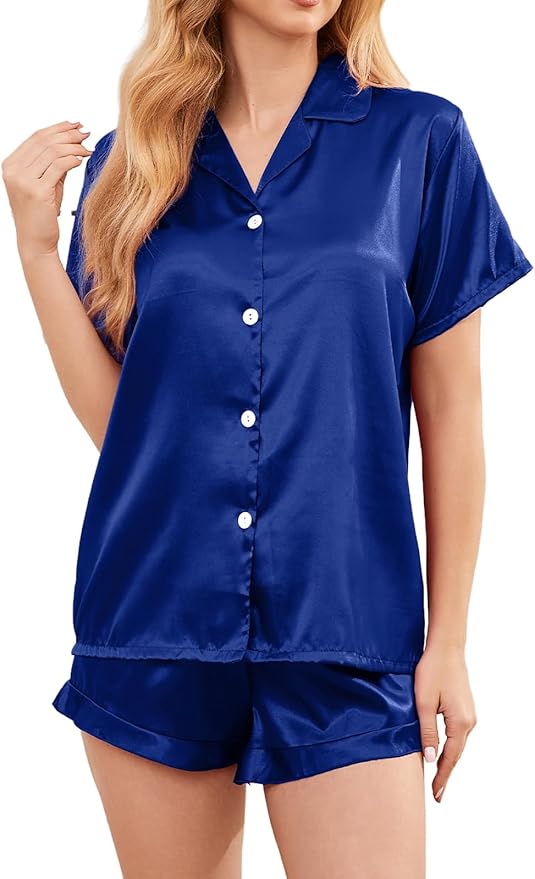 Women's Comfy Satin Pajamas - Soft Button-Up Shirt & Ruffled Adjustable Drawstring Shorts - Elegant Sliky Pjs