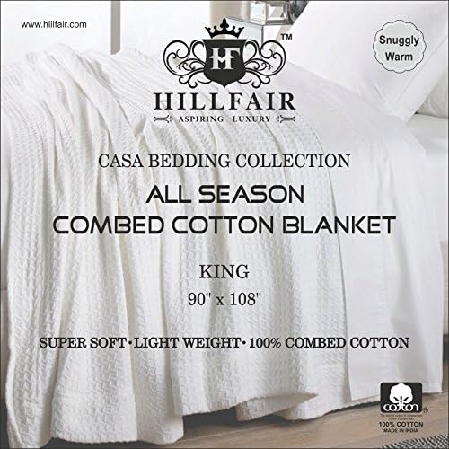 HILLFAIR 100% Combed Cotton Blanket– King Bed Blanket– Soft Cozy Warm Multipurpose Throws for Luxury Home Decor– 90 x 108 inch King Size Cotton Blankets for Beds- Bed Blankets for All Season- White