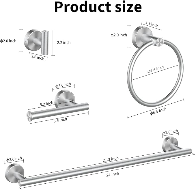 Cilee 10 Piece Brushed Nickel Bathroom Accessories Set, 24inch Brushed Nickel Towel Bar Ring+Toilet Paper Holder+ Robe Towel Hook SUS304 Stainless Steel Bathroon Hardware Set