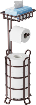 TomCare Toilet Paper Holder Upgraded Toilet Paper Stand with 4 Raised Feet Metal Free Standing Tissue Paper Roll Dispenser with Storage Shelf Sturdy Bathroom Accessories (Bronze)
