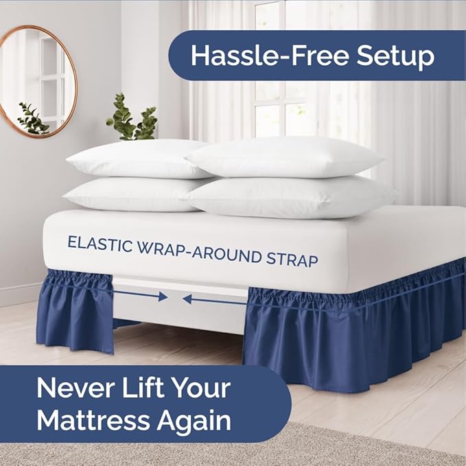 Wrap Around Dust Ruffle Bed Skirt - Navy Blue - for Twin Size Beds w/ 16 Inch Drop - Easy Fit Elastic Strap - Adjustable Pleated Bedskirt with Brushed Fabric, Wrinkle Free Women, Men, Kids and Teens
