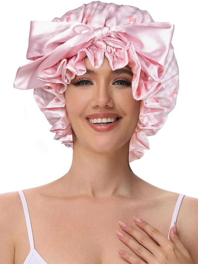 Cute Adjustable Silk Bonnet for Sleeping Double Layer Satin Cap Hair Sleep Bonnet for Curly Hair Pink White Bow