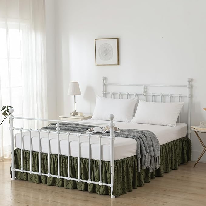 Bed Skirt Full Size Ruffled Bed Skirt with Split Corners, 16 Inch Drop Dust Ruffle Bed Skirts with Platform, Boho Tufted Shabby Chic Full Size Bed Skirts, Olive Green