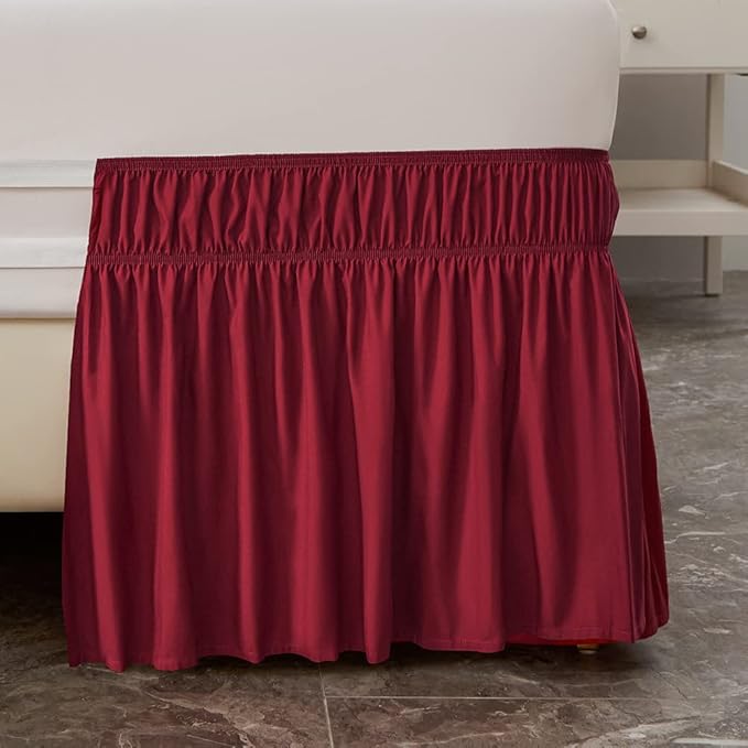 MEILA Wrap Around Bed Skirt Three Fabric Sides Elastic Dust Ruffled 14 Inch Tailored Drop,Easy to Install Fade Resistant-Burgundy, Queen/King