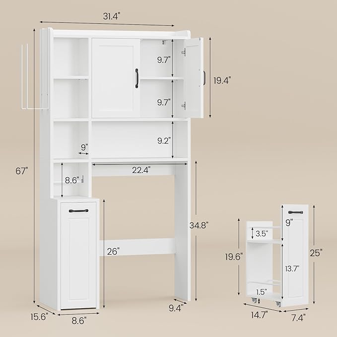Over The Toilet Storage Cabinet with Pulley, Bathroom Cabinet, Space Saver W/Adjustable Shelf Rack for Bathroom, Restroom, Laundry (White-Type B)