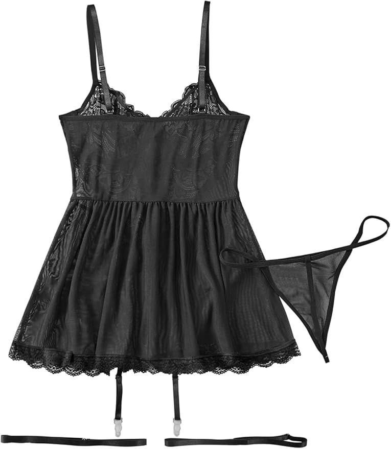 Lilosy Sexy Garter Belt Mesh Lace Babydoll Lingerie Dress Set with Thong