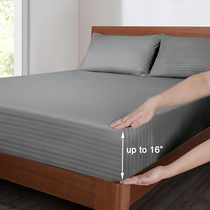 Mejoroom Striped Twin Sheet Set - Hotel Collection Twin Sheets - Bedding Sheets & Pillowcases with Deep Pocket Fitted Sheet, Breathable, Wrinkle & Fade Resistant - 3 Piece (02-Gray)