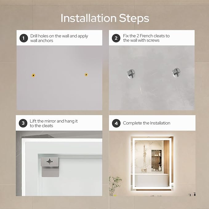 20 x 28 LED Bathroom Mirror with Lights, Lighted Bathroom Vanity Mirror for Wall, Espejos para Baños, Frontlit & Backlit, Anti-Fog, Shatterproof, 3 Adjustable Color Temperatures & Memory Function