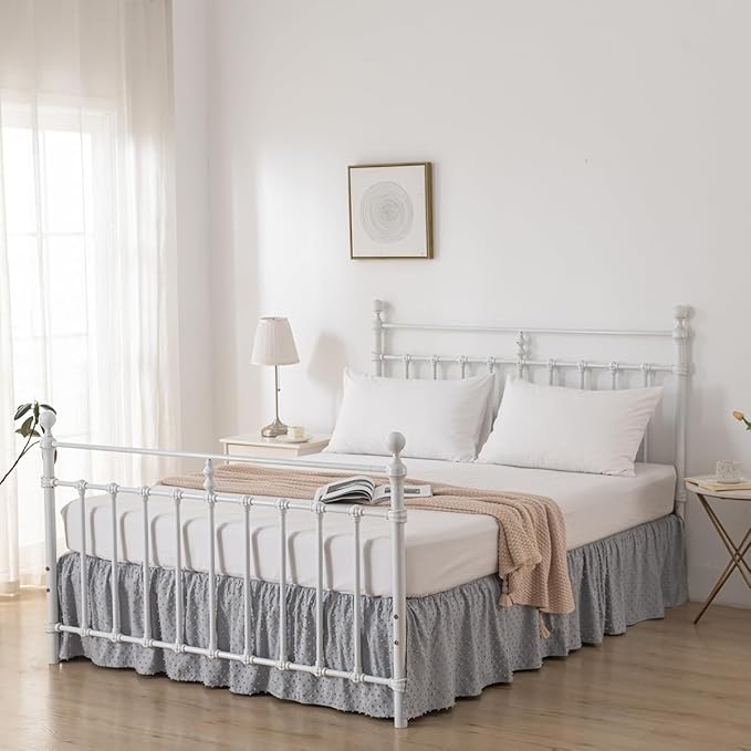 Tufted Dot Bed Skirt Full Size Ruffled Bed Skirt with Split Corners, 14 Inch Drop Dust Ruffle Bed Skirts with Platform, Light Grey