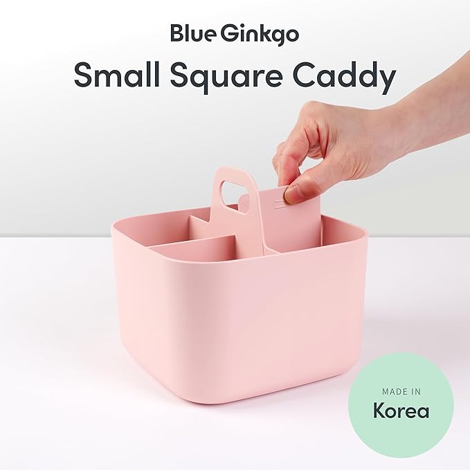 BLUE GINKGO Small Stackable Organizer Caddy – Korean-Made Portable Tote for Bathroom, Office, Crafts, or School Supplies (Square, Pink)
