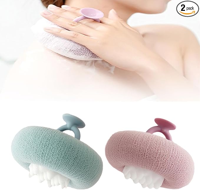 Super Soft Sunflower Suction Cup Bath Ball, ponge Mesh Pouf Shower Ball for Women, Men Shower,2024 Upgraded 2-in-1 Sunflower Bath Ball,Exfoliating Bath Sponge Cleaning Brush. (Purple+Green)