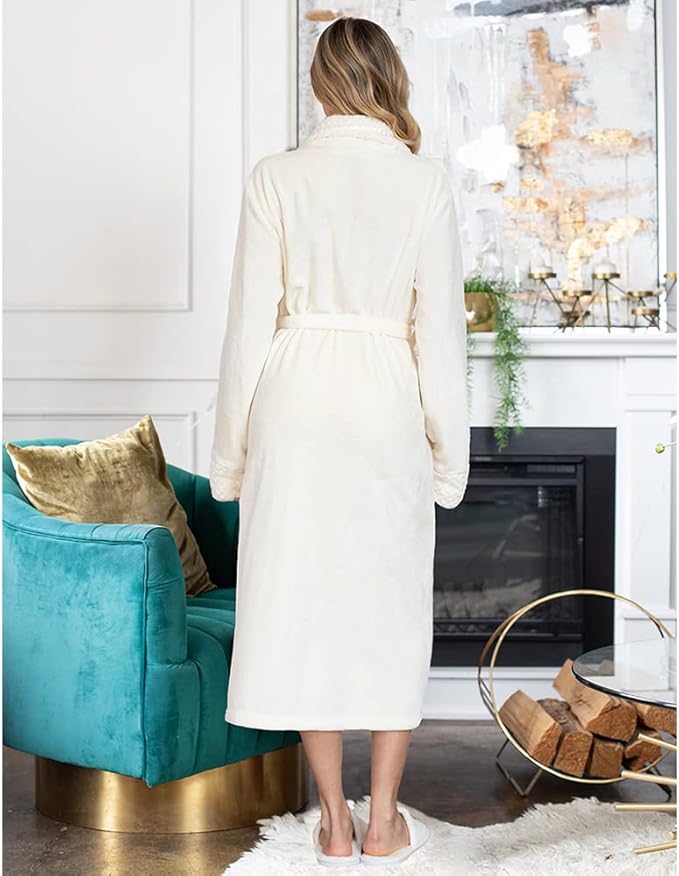 Lotus Linen Plush Robes for Women - Soft Bathrobe, Custom Monogram, Warm Fleece Robe with Pockets