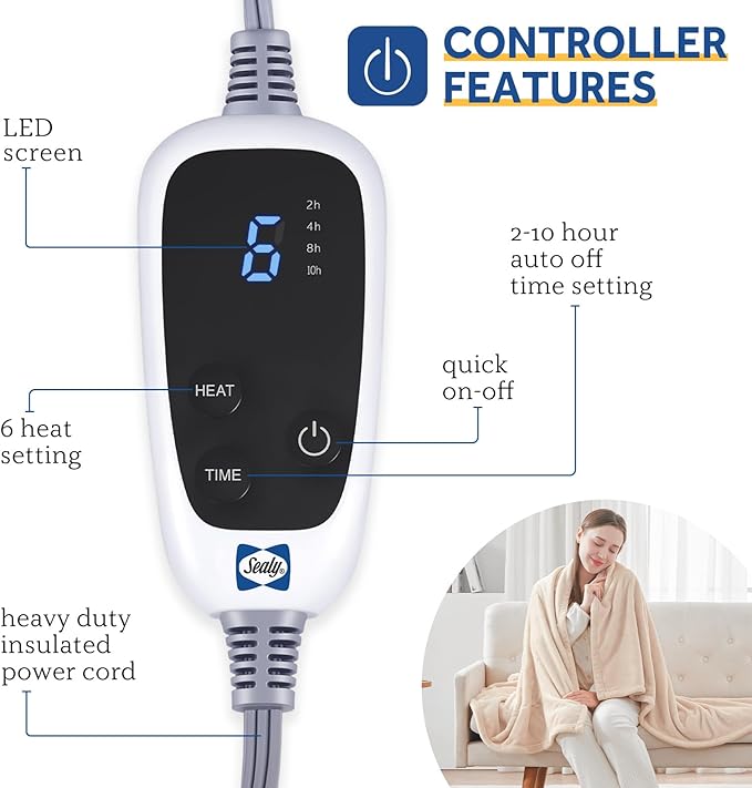 Sealy Electric Blanket Heated Throw, Soft Flannel Heated Blanket with 6 Heating Settings & 2-10 Hours Auto Shut Off, Fast Heating & Machine Washable, 50x60 Inch, Beige