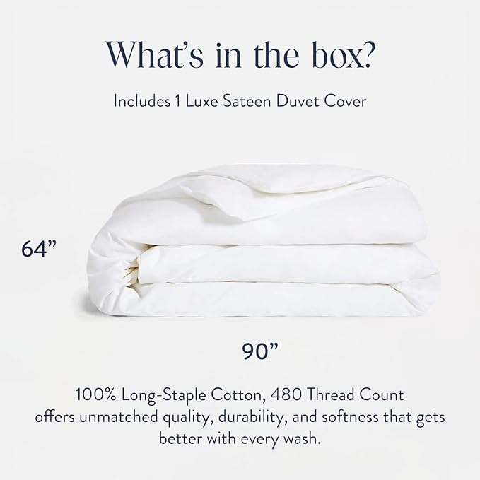 Brooklinen Luxury Sateen Duvet Cover - 100% Cotton, Twin/Twin XL Size in White with Extra-Long Corner Ties and Button Closure - Best Twin/Twin XL Duvet Covers