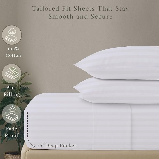 Threadmill 500 Thread Count Full Size Damask Stripe, 4 Pc Luxury Cotton Sheet Set, Silky Smooth Hotel White Sheets with 16" Elasticized Deep Pocket, 2 Pillowcases & Free Tote Bag