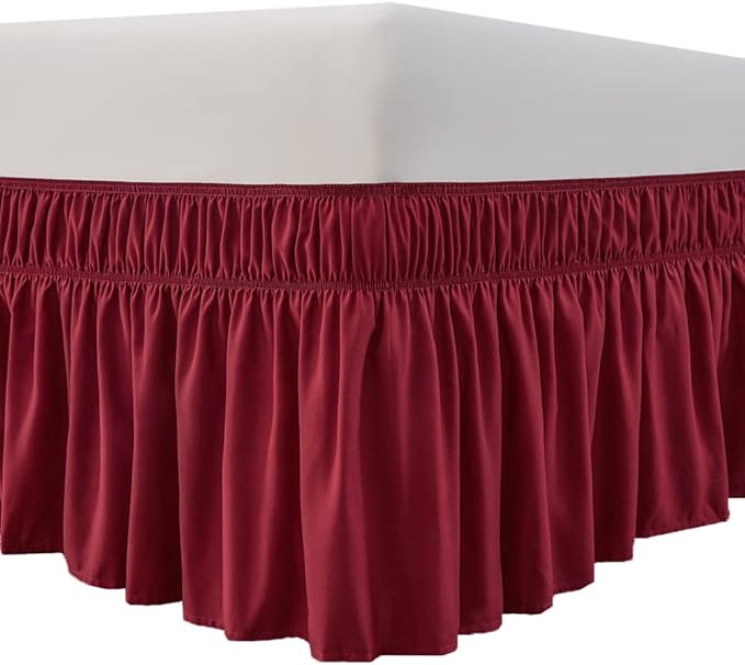 MEILA Wrap Around Bed Skirt Three Fabric Sides Elastic Dust Ruffled 14 Inch Tailored Drop,Easy to Install Fade Resistant-Burgundy, Twin/Full