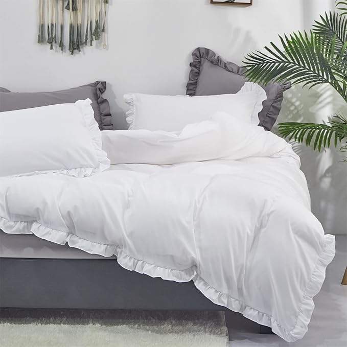 Cottonight White Comforter Set King White Ruffle Bedding Comforter Set Ruffles Farmhosue Boho White Blanket Quilts Rustic Soft Breathable Chic 3PCs Bedding Set for King Bed