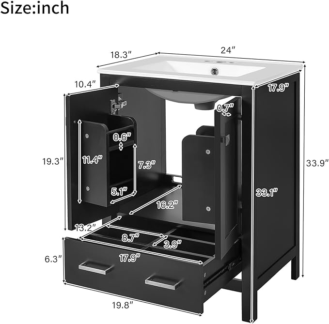 24" Bathroom Vanity with Sink Combo Set, Solid Wood Frame Bathroom Storage Cabinet with 2 Drawers and 1 Drawer, Double-layer Door Shelf, Soft Closing Cabinet Door with Organizer, Black