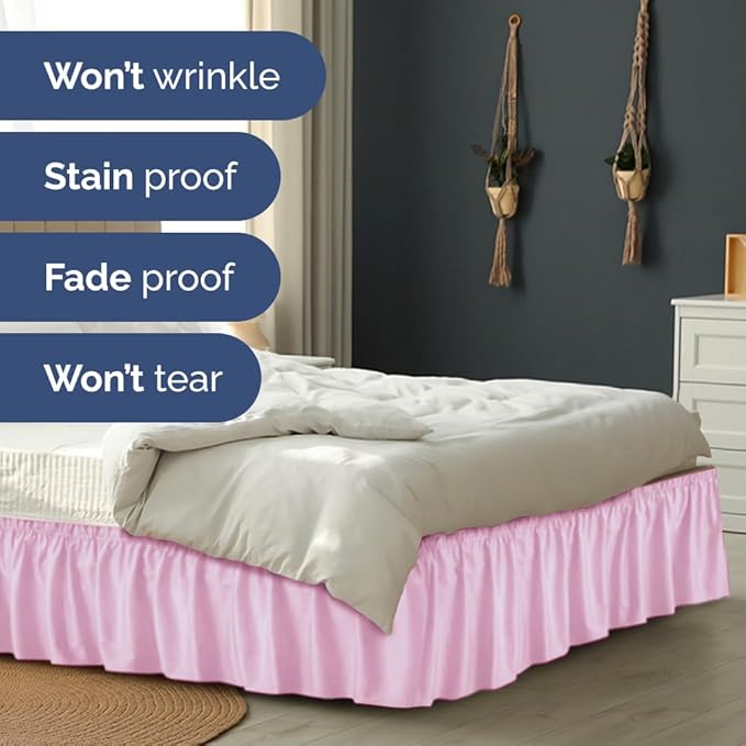 Wrap Around Dust Ruffle Bed Skirt - Light Pink - for Queen Size Beds with 15 Inch Drop - Elastic Strap - Adjustable Pleated Bedskirt with Brushed Fabric and Wrinkle Free - For Women, Men, Kids & Teens