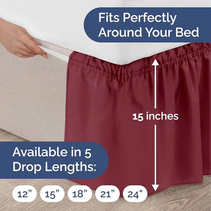 Wrap Around Dust Ruffle Bed Skirt - Burgundy - for King Size Beds with 15 Inch Drop - Easy Fit Elastic Strap - Adjustable Pleated Bedskirt w/Brushed Fabric Wrinkle Free - for Women, Men, Kids & Teens