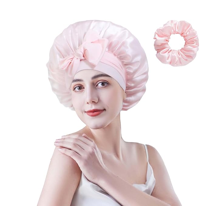 Cocheng Silk Bonnet for Sleeping Large mulberry Sleep Cap Adjustable & Breathable Bonnet for Curly Hair Silk Hair Cap for Sleeping with Wide Tie Band