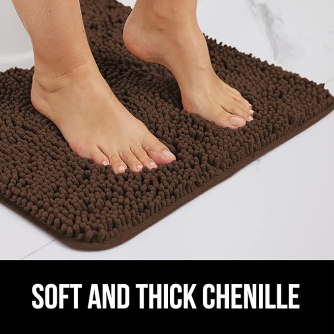 GORILLA GRIP Bath Rug Mat, Thick Soft Absorbent Chenille, Quick Dry Microfiber Mats, Rubber Backing Washable Shower Floor Rugs, Bathmat Runner, US Designed Bathroom Home Decor Accessories 24x17, Brown