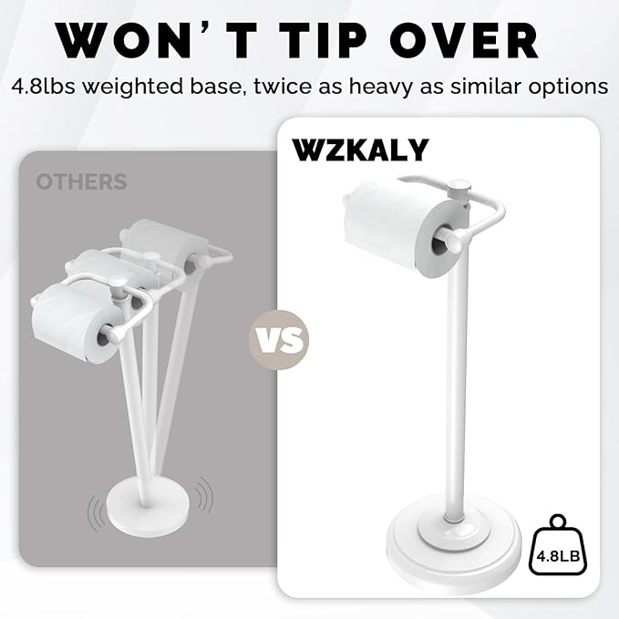 Toilet Paper Holder Stand, White Toilet Paper Holder Free Standing, Post Pivoting Design & Stable Weighted Base SUS304 Stainless Steel for Bathroom (Mega Roll)