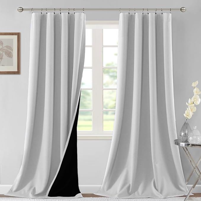 H.VERSAILTEX 100% Blackout Curtains for Bedroom Thermal Insulated Blackout Curtains 108 Inches Long Rod Pocket/Clip Rings Curtains for Living Room with Black Liner 2 Panels, Greyish White