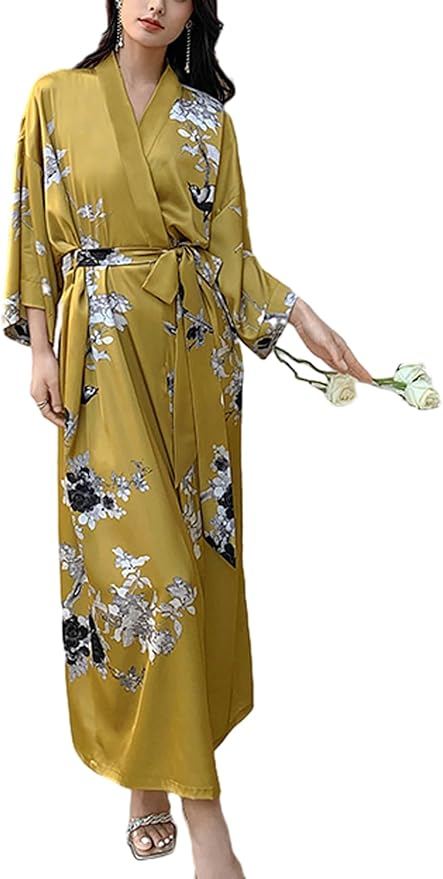 Silk Satin Robe for Women Long Japanese Kimono Robe Lightweight Soft Bathrobe Floral Luxury Dressing Gown