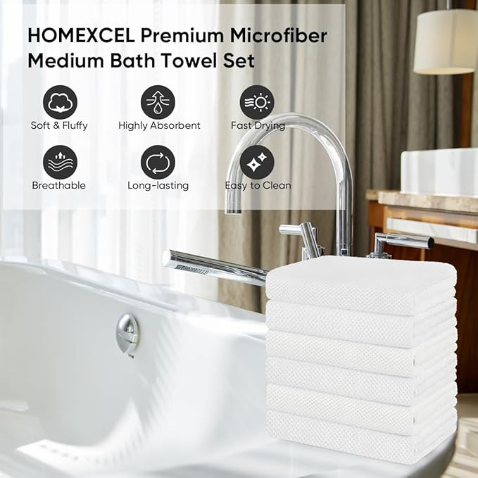 HOMEXCEL 6 Pack Bath Towel Set, (24 x 48 Inches) Microfiber Ultra Soft Highly Absorbent Bath Towels, Lightweight and Quick Drying Towels for Hotel, Bathroom, Spa and Beauty Parlor, White
