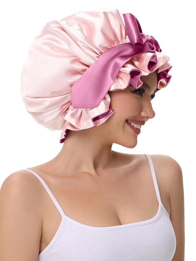 Bonnet for Sleeping, Satin Silk Hair Shower Cap Women 2025 Tie Band Adjustable Straps Head Wrap for Curly Hair Pink F