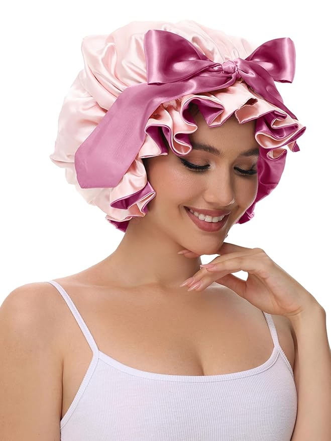 Bonnet for Sleeping, Satin Silk Hair Shower Cap Women 2025 Tie Band Adjustable Straps Head Wrap for Curly Hair Pink F