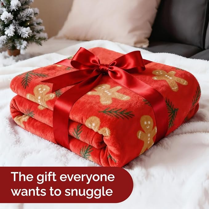 Christmas Sherpa Blanket Throw Size - Reversible Sherpa Fleece Blanket - Super Soft Double Sided Throw for Bed, Sofa, Couch - Thick, Warm, Cozy & Plush - Xmas Winter Bedding - Gingerbread Man, 50x60