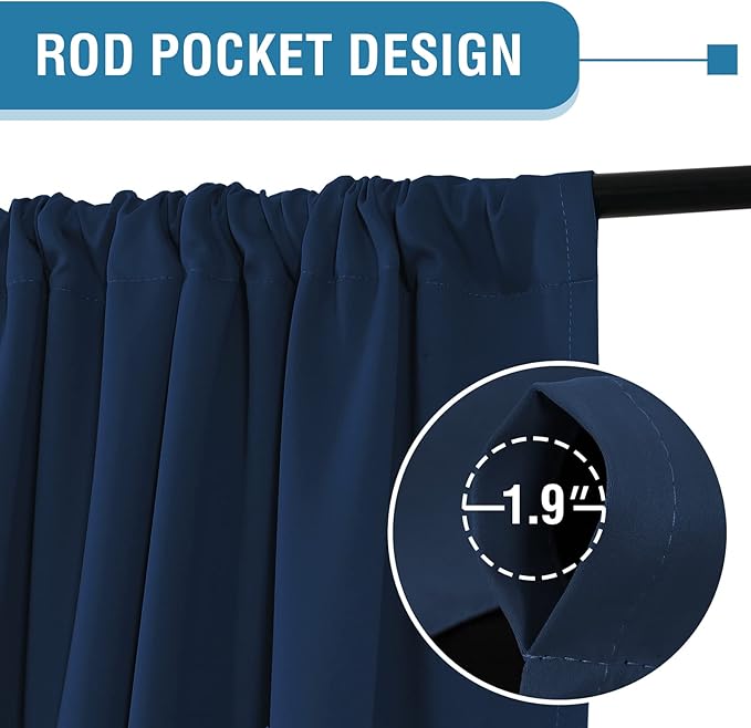 H.VERSAILTEX 100% Blackout Curtains for Bedroom Thermal Insulated Blackout Curtains 108 Inches Long Rod Pocket/Clip Rings Curtains for Living Room with Black Liner 2 Panels, Navy
