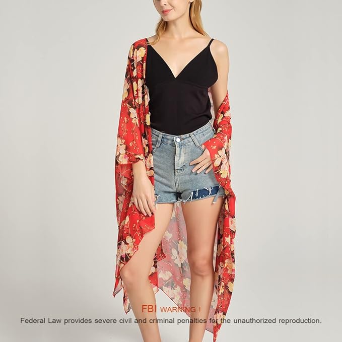 Women's Bohemian Floral Chiffon Beach Cover up Swimsuit Kimono Summer Swimwear Cardigans
