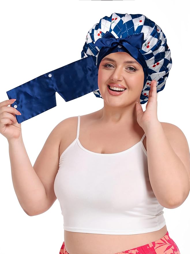 Pleated Silk Sleeping Bonnet with Eye Mask Double Layer Satin Hair Bonnets Sleep Cap for Curly Natural Hair
