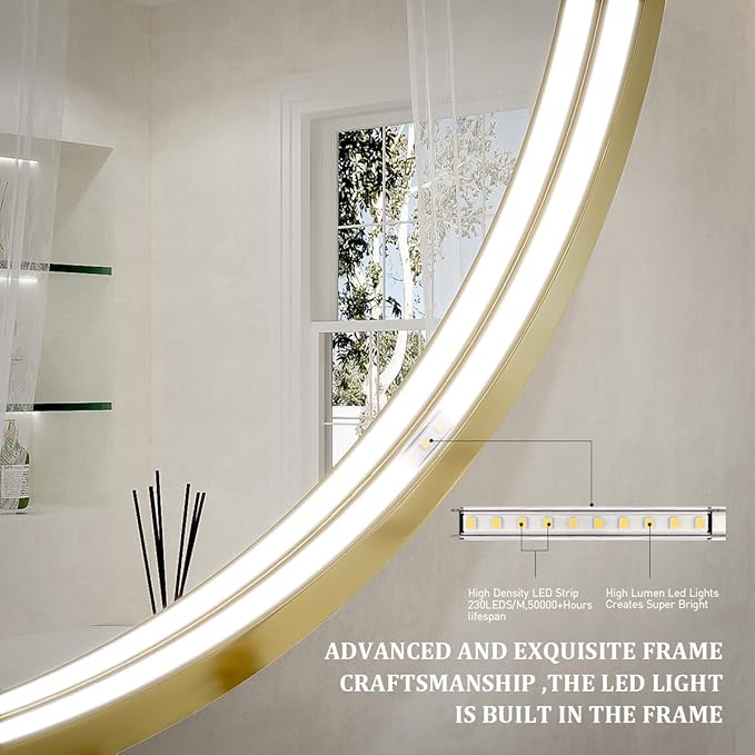 36" Round LED Bathroom Mirror, Dimmable Anti-Fog Vanity Mirror with Touch Control, 6000K Natural Light, Gold Metal Frame, Wall Mounted for Makeup Shaving (IP54, 90+ CRI)
