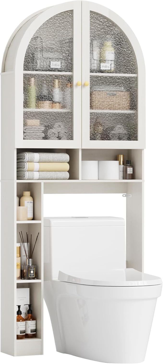 Over The Toilet Storage Cabinet, 29.7”W Modern Storage Cabinet Over Toilet with Acrylic Doors, Arched Freestanding Over Toilet Rack with Adjustable Shelf for Bathroom, Antique White