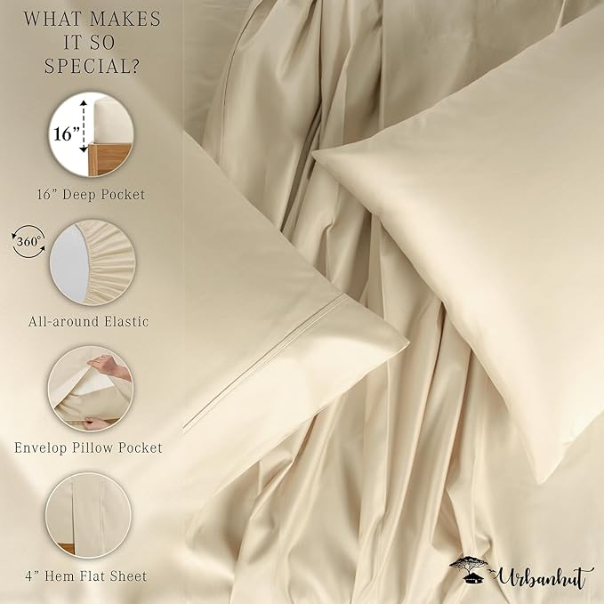 URBANHUT 700 Thread Count Queen Sheet Set Egyptian Cotton Sheets, 4Pc Sheet Set Soft Luxury Bed Sheets for Queen Size Bed, Sateen Weave Hotel Sheets, 16'' Elasticized Deep Pocket - Ivory