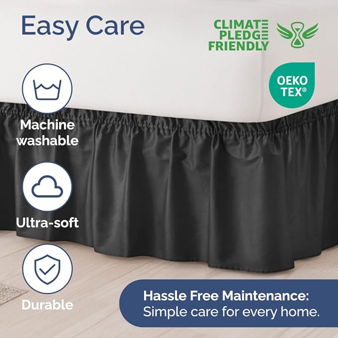 Wrap Around Dust Ruffle Bed Skirt - Black - for King Size Beds with 18 Inch Drop - Easy Fit Elastic Strap - Adjustable Pleated Bedskirt w/Brushed Fabric - Wrinkle Free - for Women, Men, Kids & Teens