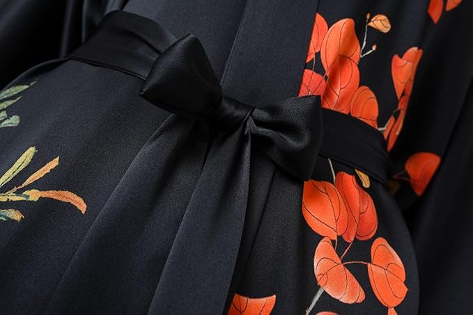 Women's Silk Kimono Robe Long Bathrobe Nightgown 100% Mulberry Silk for Women - Classic Floral Pattern