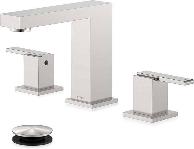 KENES Brushed Nickel Widespread Bathroom Faucet 2 Handle Bathroom Sink Faucet 3 Hole, 8-Inch 3 Pieces Vanity Faucet with Pop Up Drain & Supply Lines, KE-9050-P