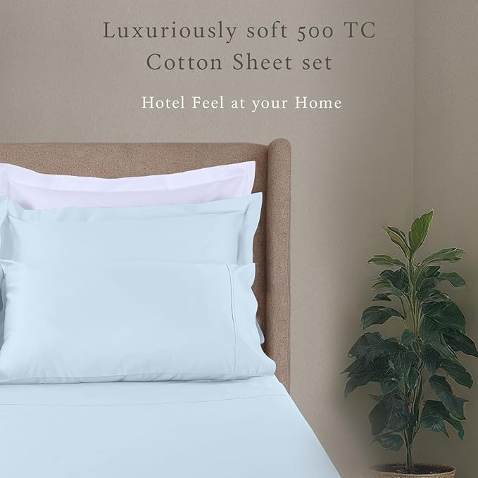 Threadmill Cotton Twin Sheets Set, 5 Star Hotel Quality Bed Sheets, 100% Cotton Sheets, 500 Thread Count, Deep Pocket, Snug Fit for Twin Mattress, Soft & Crisp 3 Piece Sheet Set, Light Blue