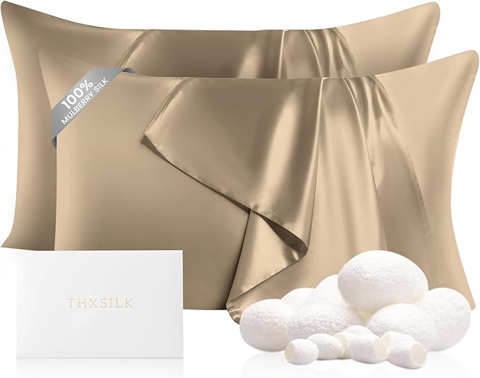 THXSILK Set of 2 Silk Pillowcase for Hair and Skin, 100% Mulberry Silk Bed Pillowcase 22 Momme, Hypoallergenic Soft Breathable Silk Pillow Case with Hidden Zipper, King Size 20"x36", Taupe